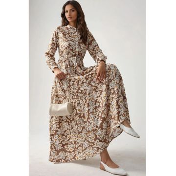 Rochie maxi -  imprimeu - guler sofisticat - bej - viscoza Rochie maxi -  imprimeu - guler sofisticat - bej - viscoza