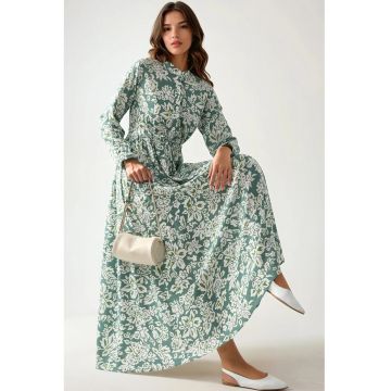 Rochie maxi -  imprimeu - guler sofisticat - verde - viscoza