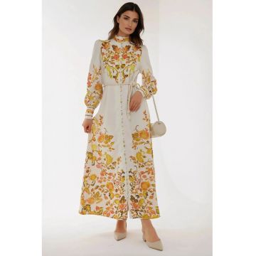 Rochie maxi -  imprimeu - maneca lunga - multicolor - textil