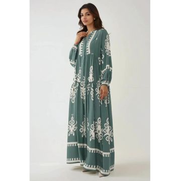 Rochie maxi  imprimeu - maneca lunga - verde - viscoza