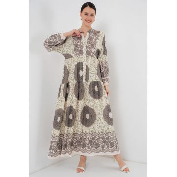 Rochie maxi -  imprimeu - maneci lungi - maro cafeniu - viscoza -