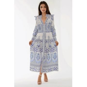 Rochie maxi -  imprimeu vibrant - decolteu in V - multicolor - textil