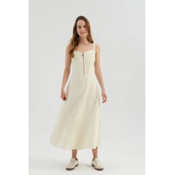 Rochie maxi -  linie A - decolteu inima - bretele late - bej - textil Rochie maxi -  linie A - decolteu inima - bretele late - bej - textil