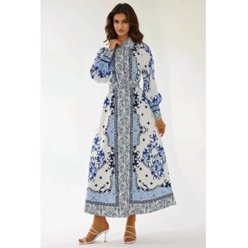 Rochie maxi  maneca lunga - albastru - textil