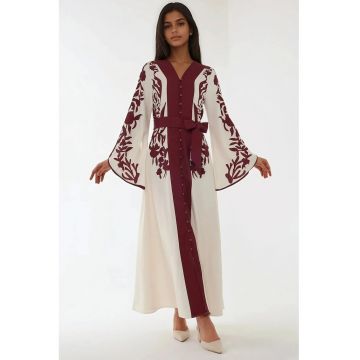 Rochie maxi  maneca lunga - brodata - rosu - textil Rochie maxi  maneca lunga - brodata - rosu - textil