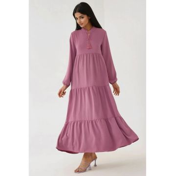 Rochie maxi -  maneca lunga - guler rotund - mov - textil Rochie maxi -  maneca lunga - guler rotund - mov - textil