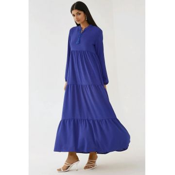 Rochie maxi -  maneca lunga - guler rotund - textil - albastra Rochie maxi -  maneca lunga - guler rotund - textil - albastra