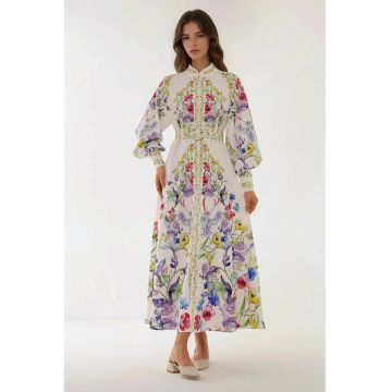 Rochie maxi  maneca lunga - imprimeu - alb - bumbac - poliester - lycra