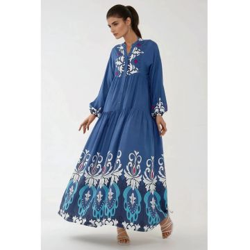 Rochie maxi  maneca lunga - imprimeu - albastra/alb - viscoza