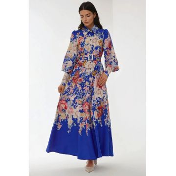 Rochie maxi  maneca lunga - imprimeu - albastru - material textil