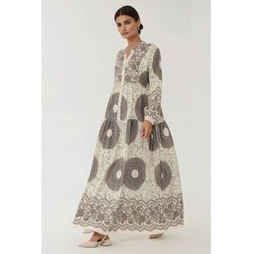 Rochie maxi -  maneca lunga - imprimeu - bej - viscoza Rochie maxi -  maneca lunga - imprimeu - bej - viscoza