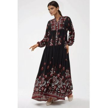 Rochie maxi -  maneca lunga - imprimeu - negru/rosu - viscoza Rochie maxi -  maneca lunga - imprimeu - negru/rosu - viscoza