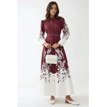 Rochie maxi  maneca lunga - imprimeu - rosu - textil Rochie maxi  maneca lunga - imprimeu - rosu - textil