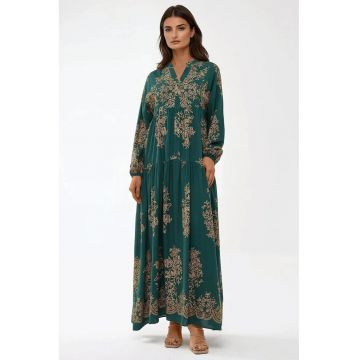 Rochie maxi -  maneca lunga - verde - viscoza