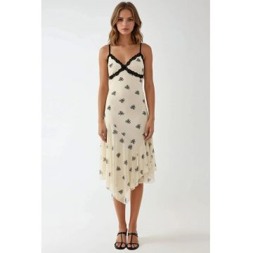 Rochie maxi -  mulata - cu imprimeu - decolteu in V - alb - jerseu