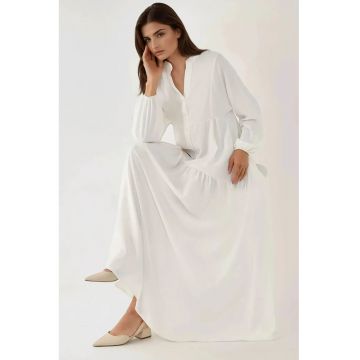 Rochie maxi -  texturata - decolteu in V - alb - textil