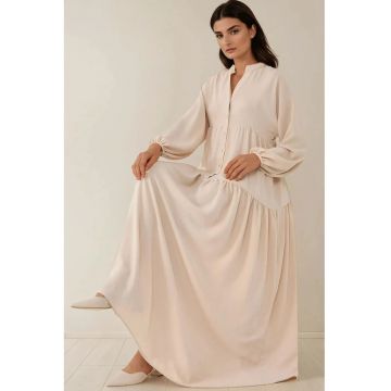Rochie maxi -  texturata - decolteu in V - bej - textil
