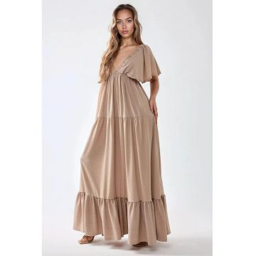 Rochie maxi -  texturata - decolteu in V - maro - textil Rochie maxi -  texturata - decolteu in V - maro - textil