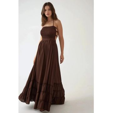 Rochie maxi -  texturata - decolteu patrat - maro - jerseu