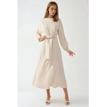 Rochie maxi -  texturata - guler rotund - bej - textil Rochie maxi -  texturata - guler rotund - bej - textil