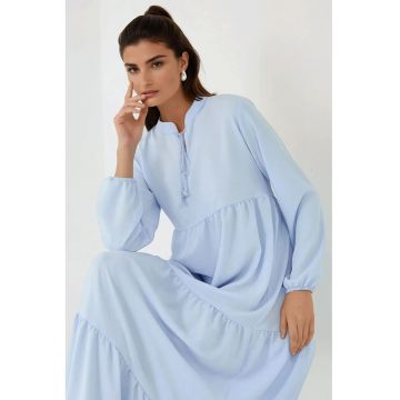 Rochie maxi  texturata - guler rotund - maneci lungi - albastra - textil Rochie maxi  texturata - guler rotund - maneci lungi - albastra - textil