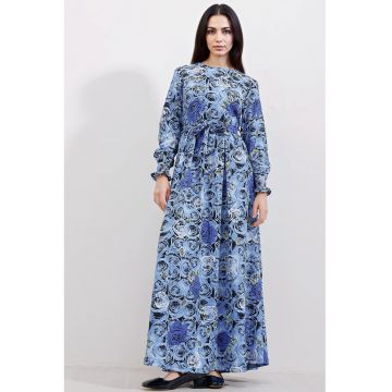 Rochie maxi tricotata dama  floral - poliester/lycra - albastru