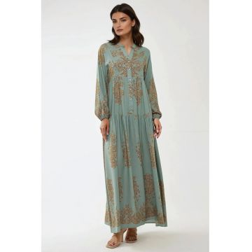 Rochie maxi -  viscon imprimat - guler camasa - verde - textil
