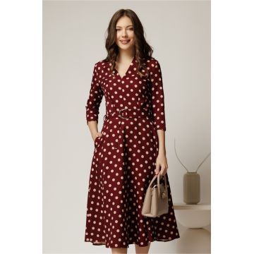 Rochie midi bordo cu buline din stofa cu cordon in talie