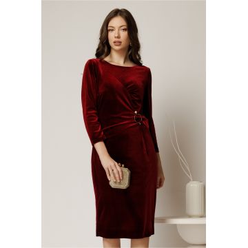 Rochie midi bordo de ocazie din catifea cu accesoriu talie