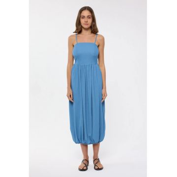 Rochie midi -  bretele spaghete - albastra - poliester si elastan