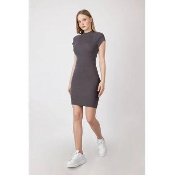 Rochie midi casual -  tricotata - guler inalt - gri - material tricot - Rochie midi casual -  tricotata - guler inalt - gri - material tricot -