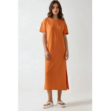 Rochie midi  croiala lejera - portocaliu pal Rochie midi  croiala lejera - portocaliu pal