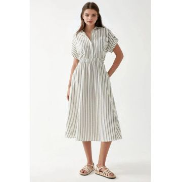 Rochie midi -  cu dungi - guler camasa - alb - textil Rochie midi -  cu dungi - guler camasa - alb - textil