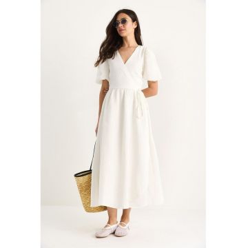 Rochie midi dama -  bumbac - decolteu in V - bej - Rochie midi dama -  bumbac - decolteu in V - bej -