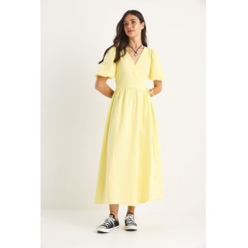 Rochie midi dama -  bumbac - decolteu in V - galben - Rochie midi dama -  bumbac - decolteu in V - galben -