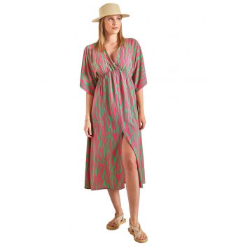 Rochie midi dama -  cu imprimeu - textil - magenta/verde -
