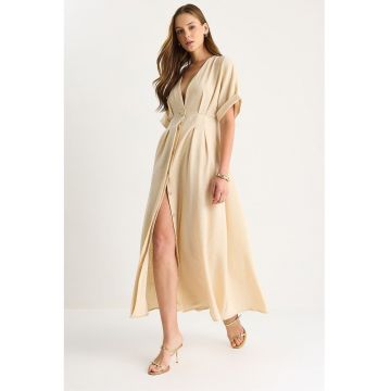 Rochie midi dama -  textil - decolteu in V - cu slit - bej