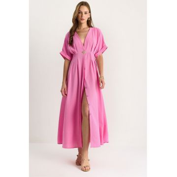 Rochie midi dama -  textil - decolteu in V - cu slit - roz orhidee - Rochie midi dama -  textil - decolteu in V - cu slit - roz orhidee -