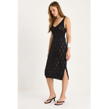 Rochie midi dama -  tricot - decolteu in V - negru -