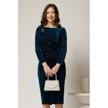 Rochie midi de ocazie din catifea cu lurex turcoaz Rochie midi de ocazie din catifea cu lurex turcoaz