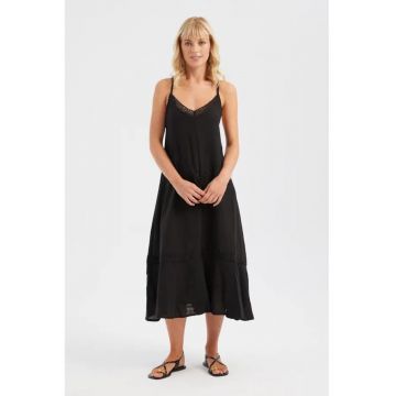 Rochie midi -  decolteu adanc - bretele reglabile - negru - textil