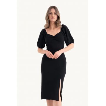 Rochie midi -  decolteu in forma de inima - crapatura laterala - negru - textil Rochie midi -  decolteu in forma de inima - crapatura laterala - negru - textil