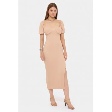 Rochie midi -  decolteu in forma de inima - maneci bufante - bej - textil Rochie midi -  decolteu in forma de inima - maneci bufante - bej - textil