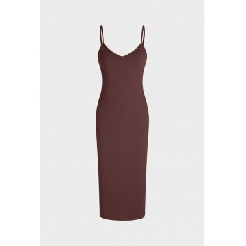 Rochie midi -  Decolteu in V - Bretele subtiri - Maro - Poliester/Elastan Rochie midi -  Decolteu in V - Bretele subtiri - Maro - Poliester/Elastan