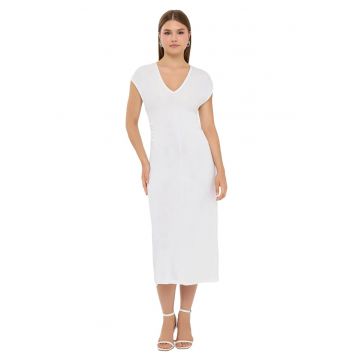 Rochie midi -  Decolteu in V - Maneci scurte - Alb - Modal/Poliester