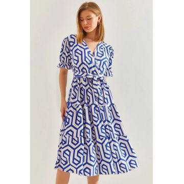 Rochie midi -  decolteu in V - model geometric - albastru - viscoza -