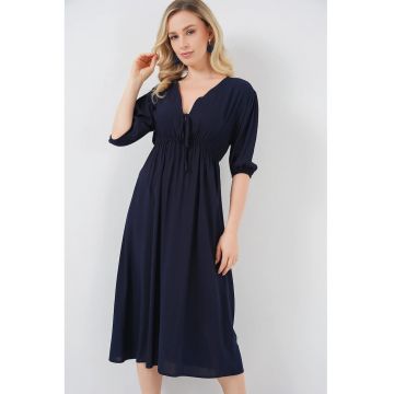 Rochie midi -  Decolteu in V - Textil - Bleumarin Rochie midi -  Decolteu in V - Textil - Bleumarin