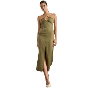 Rochie midi -  Decolteu incrucisat - Verde - Bumbac