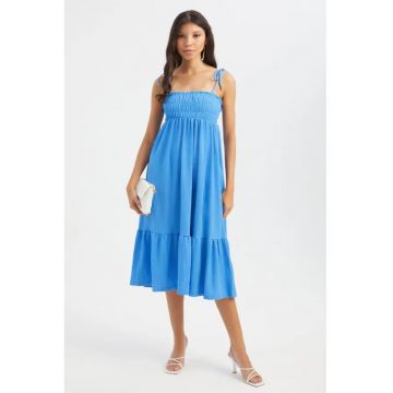 Rochie midi  decolteu patrat - bretele cu noduri - albastra - textil