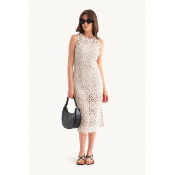 Rochie midi -  decolteu rotund - dantela crosetata - alb - jerseu Rochie midi -  decolteu rotund - dantela crosetata - alb - jerseu